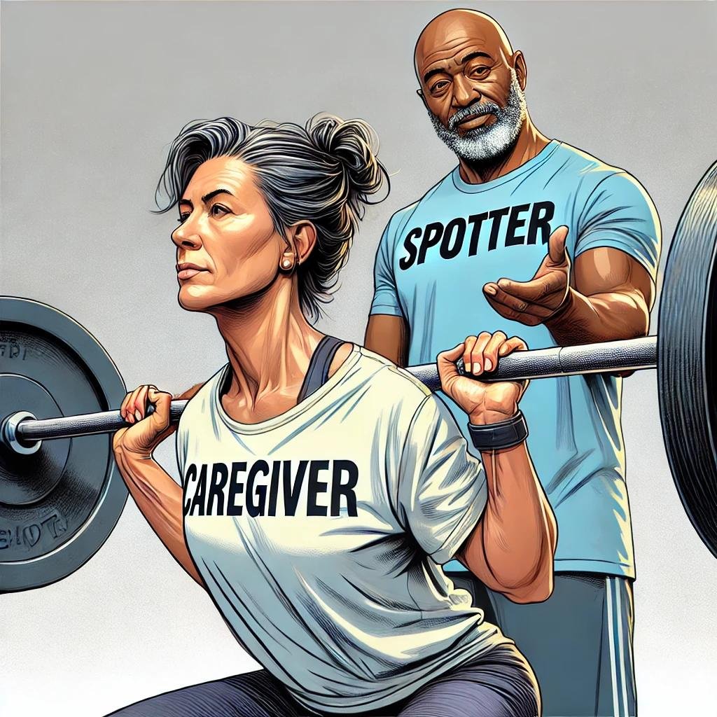 Caregiver lifts weights as spotter looks over her shoulder.