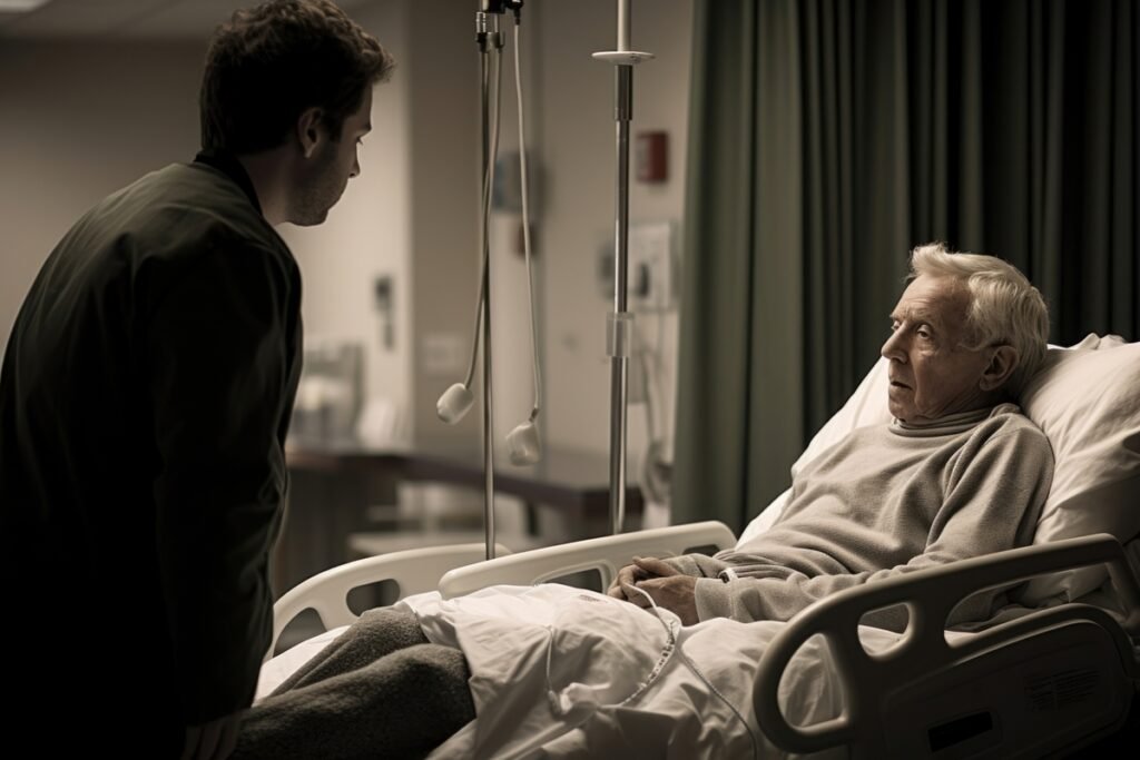 Caregiver stands at foot of loved one's hospital bed.