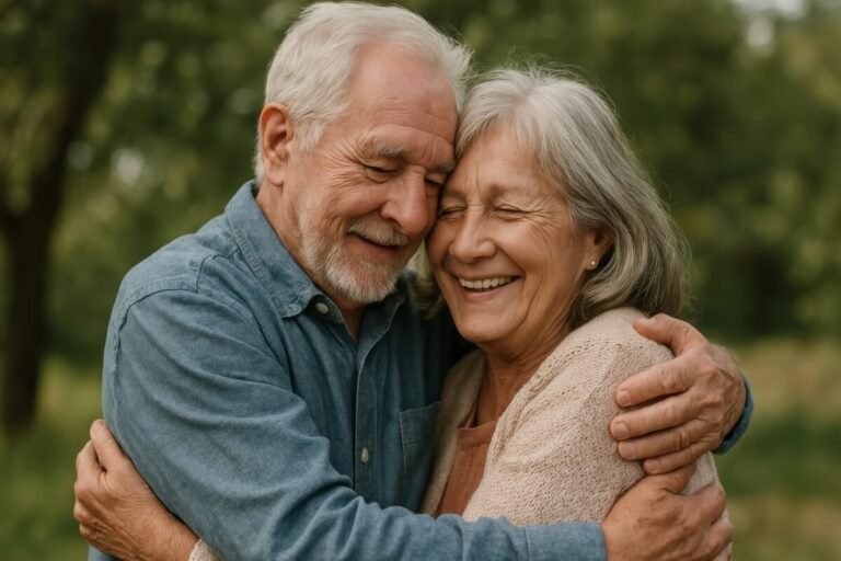 Elderly couple embraces.