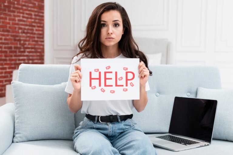 Young woman holding up help sign