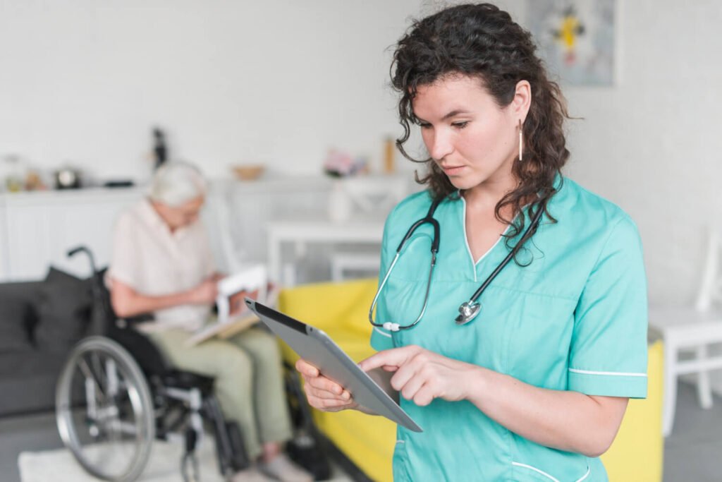 Nurse checks patient chart