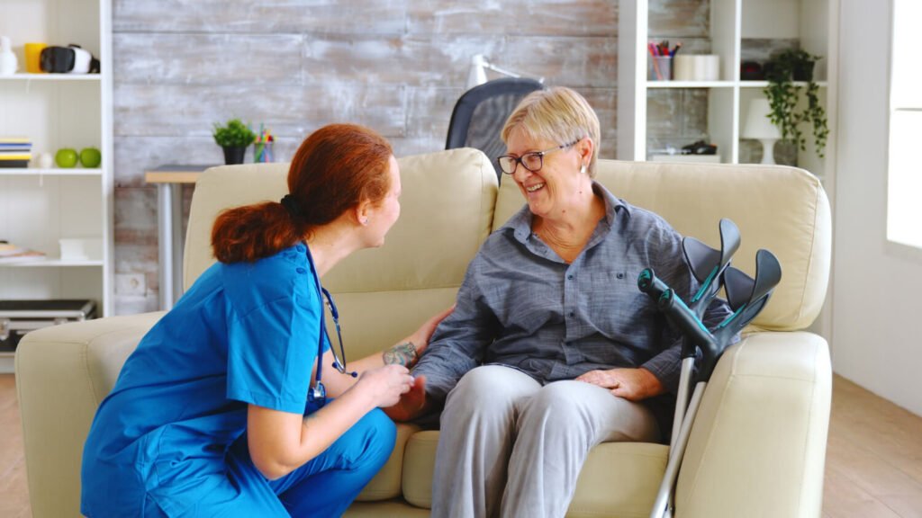 Professional nurse cares for elderly patient in nursing home