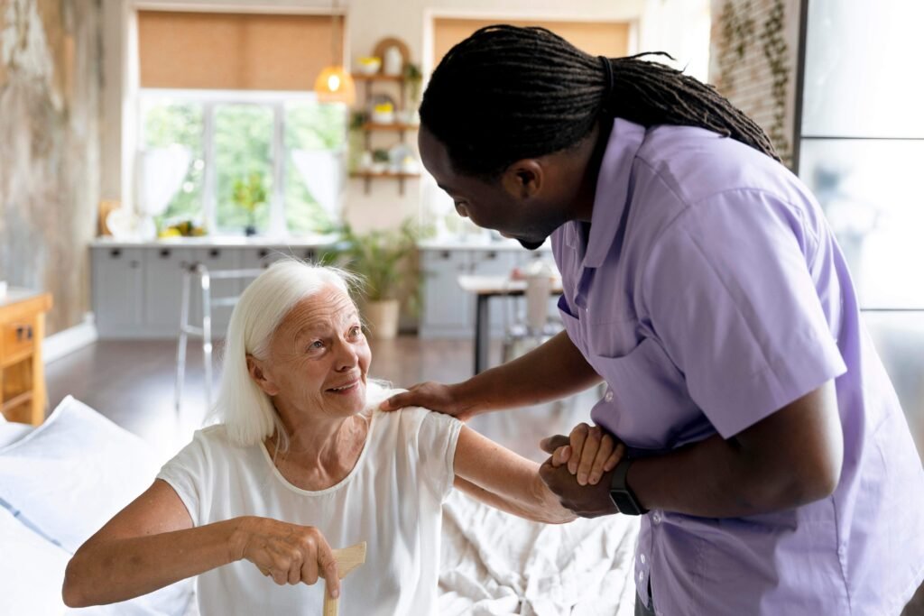 A professional caregiver offers respite care to a female patient.