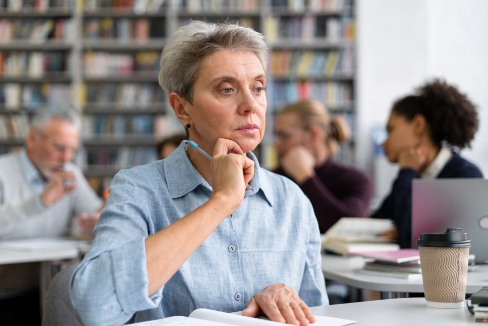 Woman in library has trouble focusing mentally