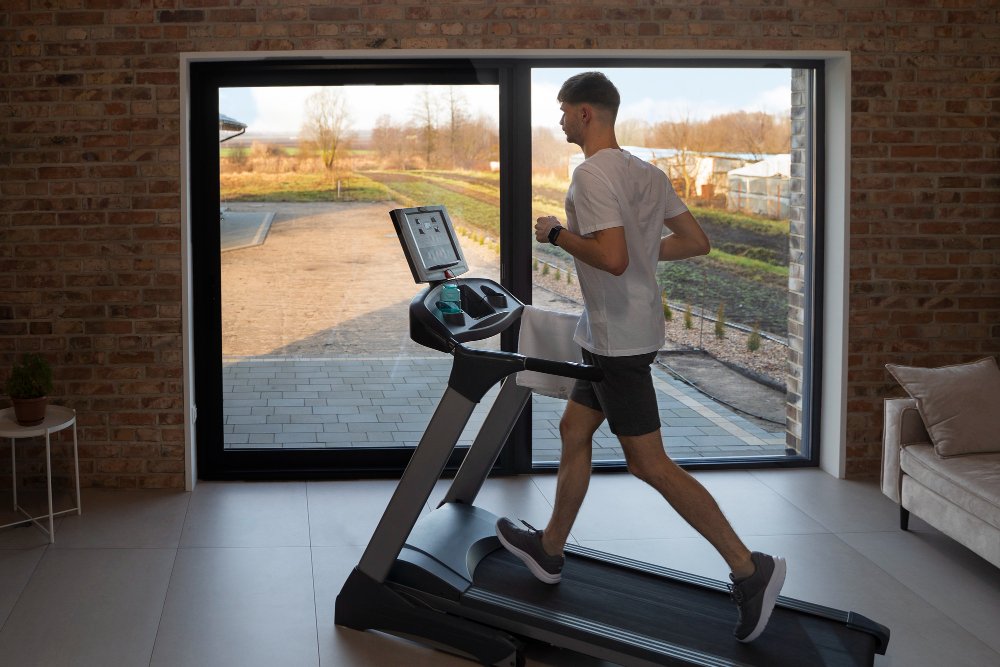 Young man runs on treadmill at home.