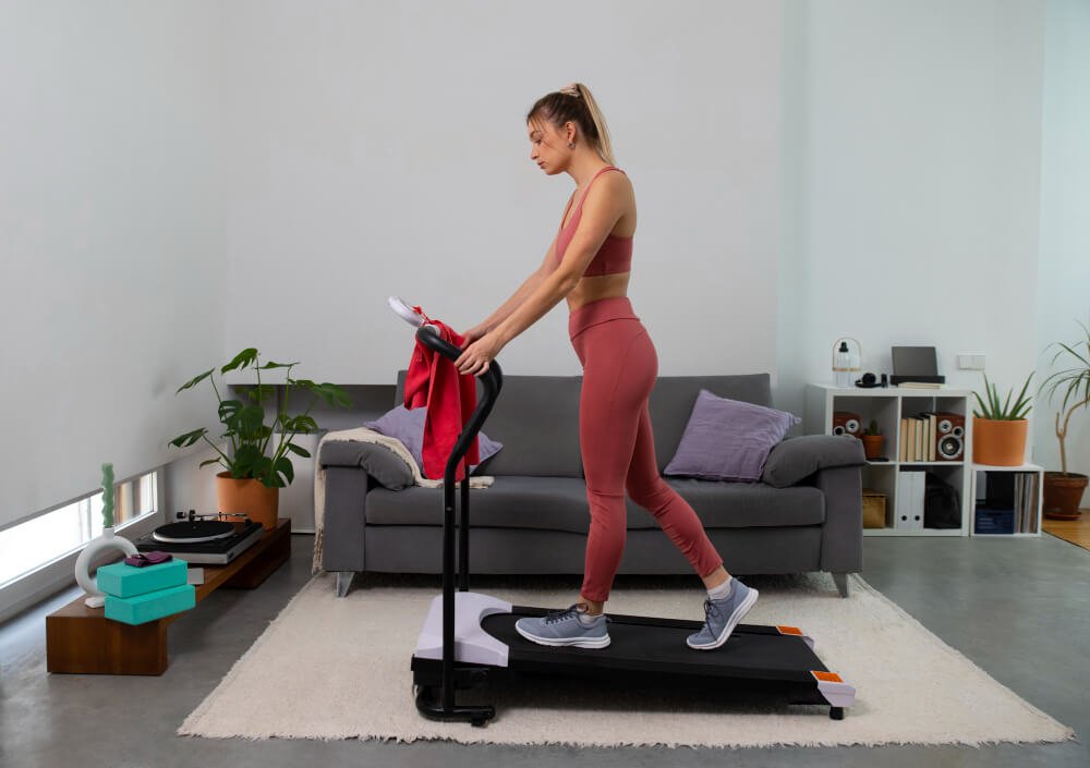 Young woman walking on treadmill
