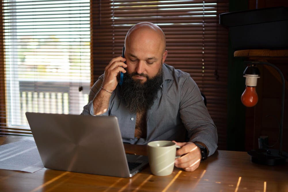 Man working remotely and talking on the phone.