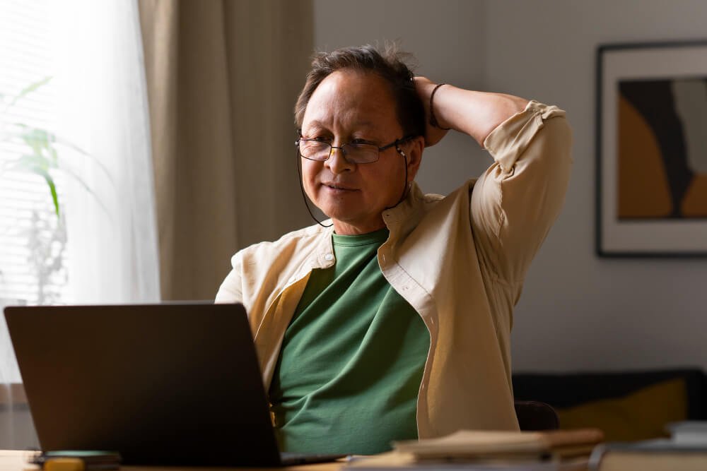 Senior man sitting at laptop with worried look on his face