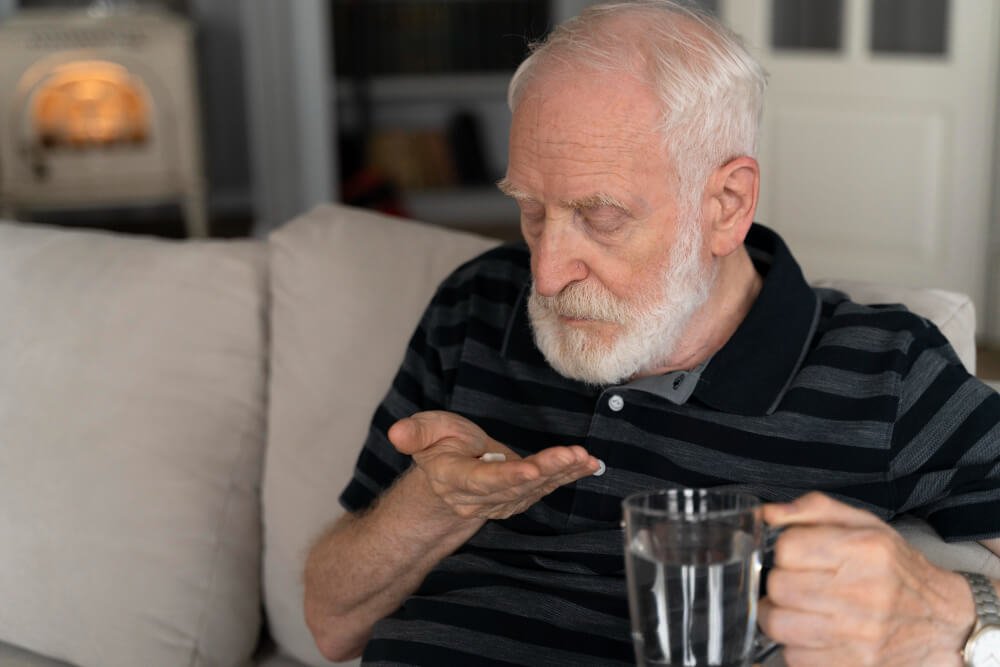 Elderly man taking medication