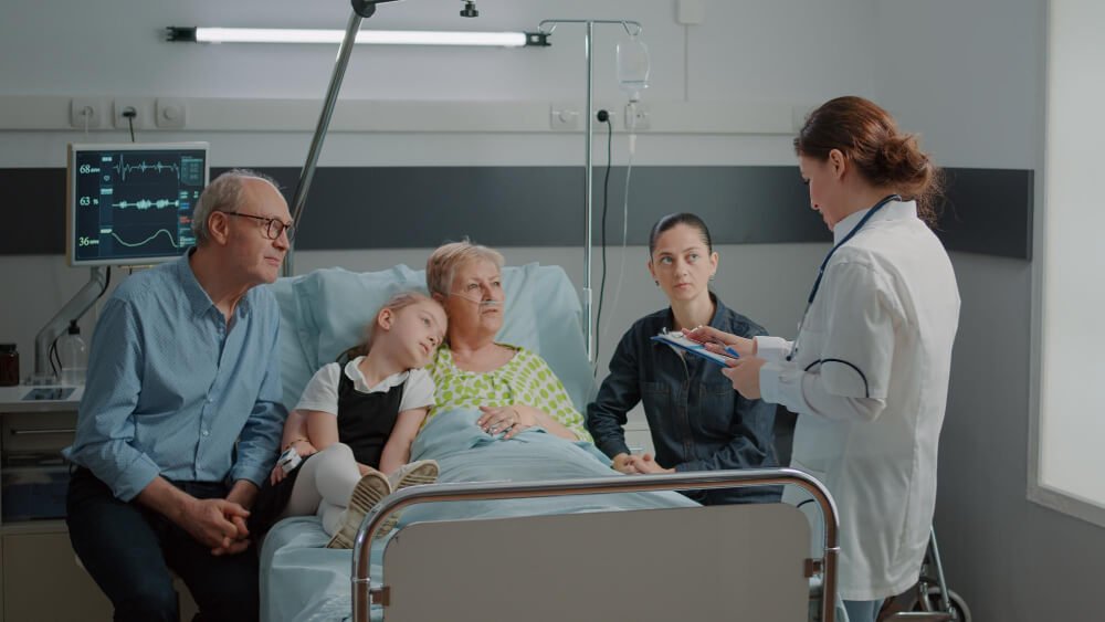 Female doctor discusses treatment with hospitalized patient and her family.
