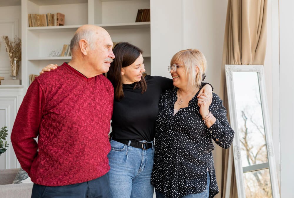 woman hugs her grandparents