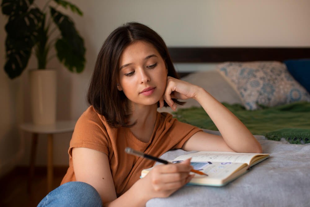 Young caregiver writes in her journal.