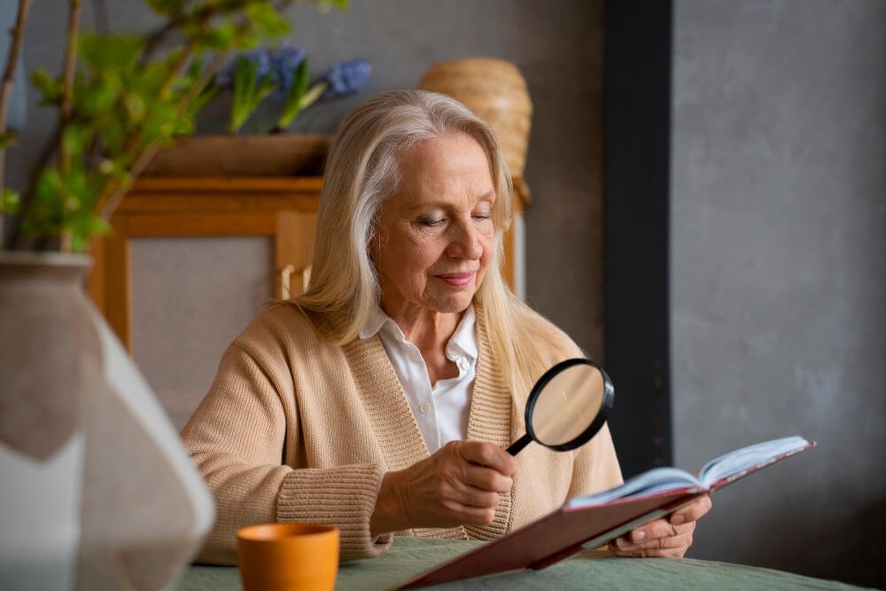 Senior woman reading with magnifying glass