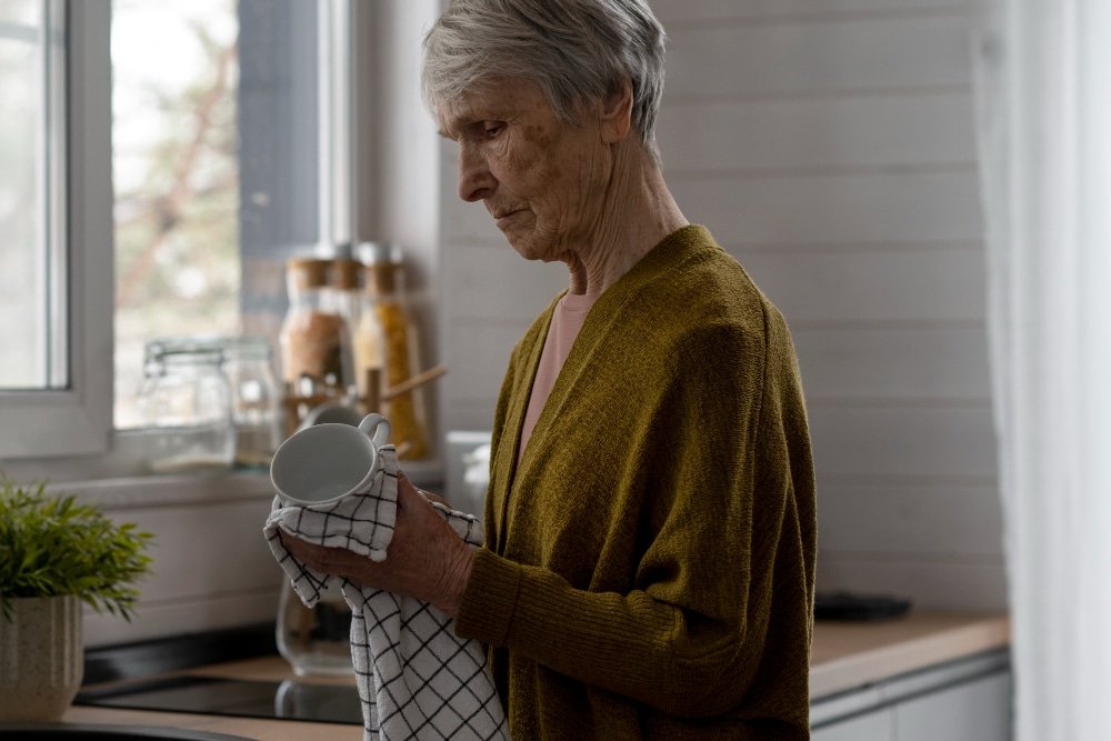 elderly woman washes dishes