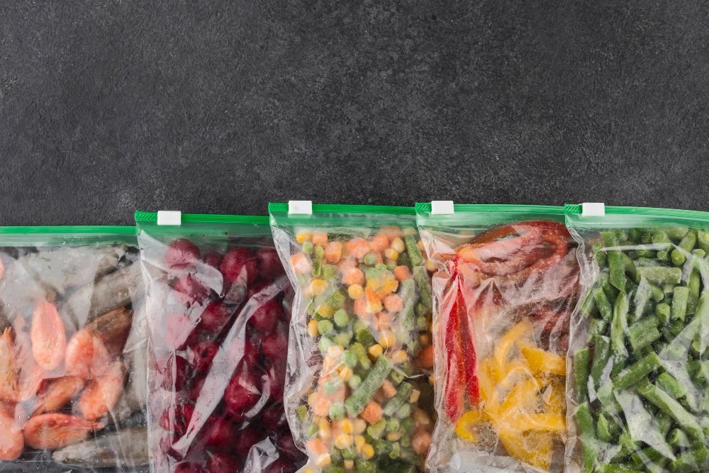 Raw vegetables stored in resealable bags