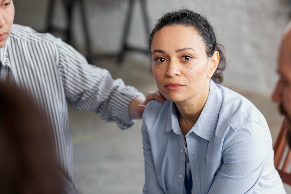 sad woman in group therapy