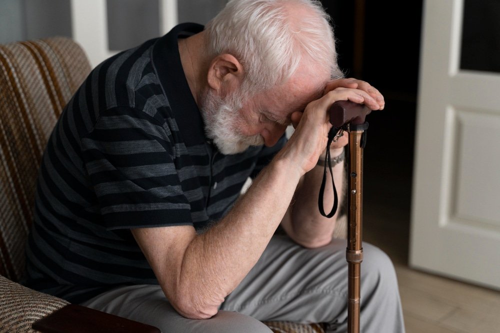 Elderly man with cane looks sad