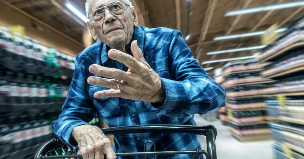 stressed senior man in grocery store aisle